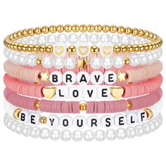 three different bracelets with words and pearls on the front, one says brave love be yourself