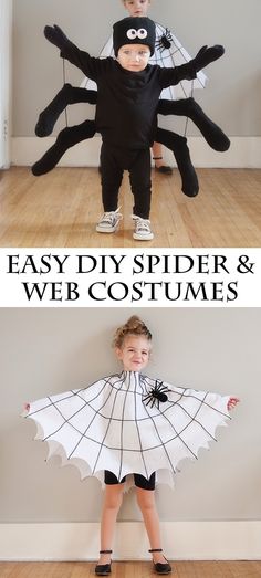 two pictures with spider and web costumes on them