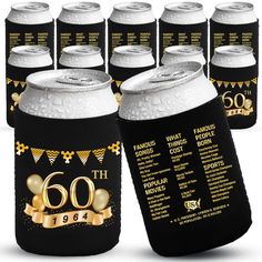 black and gold 60th birthday party can coolers with balloons, streamers and confetti