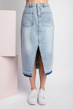 Stone washed denim skirt with front slit and raw edge hem. Donate Now, Denim Midi Skirt, Washed Denim, Raw Edge, Denim Wash, Dress Accessories, Denim Skirt, Midi Skirt, Topshop