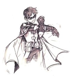 a drawing of a man in a costume with a cape and gloves on his hands