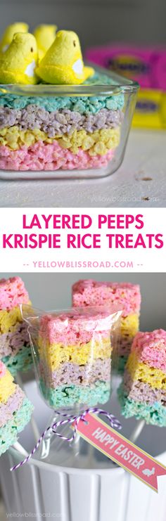 layered pees krispie rice treats on a white plate with pink and yellow frosting