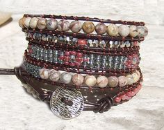 Leather Wrap Bracelet  Bohemian Jewelry Southwest Bracelet Brown Wrap Bracelet Leather Jewelry Hippie Wrap Brown Purple Wrap  Bracelet Gorgeous leather 5 wrap bracelet with stunning 6 mm Mafian stone beads, dark rosewood seed beads, silver diamond cut  beads on dark brown leather. The bracelet features mix of different beading patterns, inspired of famous Chan Luu style. Beautiful metallic closure completes the unique look of this mysterious bracelet! Bracelet length is 37 inches (94 cm) without Bohemian Brown Bracelets As Fashion Accessory, Bohemian Wrap Bracelet As A Gift, Southwestern Brown Hand Wrapped Bracelets, Adjustable Brown Hippie Wrap Bracelet, Southwestern Hand-wrapped Wrap Bracelet For Gift, Southwestern Hand Wrapped Wrap Bracelet Gift, Southwestern Style Hand Wrapped Wrap Bracelet Gift, Red Adjustable Leather Bracelet, Bohemian Style, Multicolor Leather Bracelet In Bohemian Style