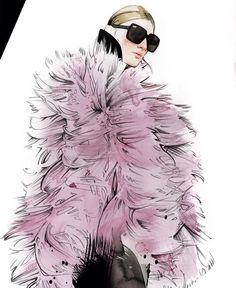 a drawing of a woman in a pink feathered coat with sunglasses on her head