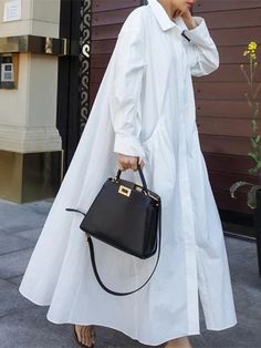 Urban White Lapel Long Shirt Dress - rrdeye Burberry Suit, Shirt Dress Fall, Pocket Maxi Dress, Cozy Dress, Long Kaftan, Mode Abaya, Long Shirt Dress, Moda Vintage, White Shirt Dress