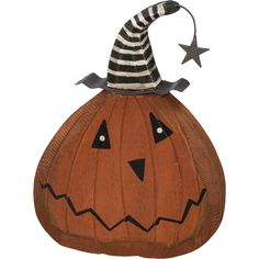 a wooden pumpkin with a striped hat on it's head and stars around the top