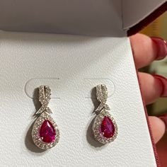 Stunning Ruby And White Sapphire Pierced Earrings From Helzberg Diamonds, Smoke Free Home Immediate Shipping, Absolutely Beautiful.