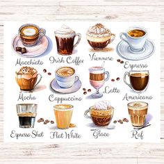 coffee cups and saucers with different types of drinks on white background, watercolor