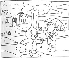 a coloring page with two children playing in the rain and one is holding an umbrella