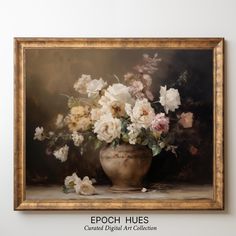 a painting of white and pink flowers in a brown vase on a table next to a wall