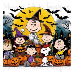 charlie and his gang on halloween night with pumpkins, jack - o'- lanterns and bats