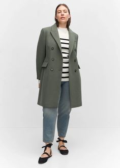 Wool double-breasted coat - Women | Mango USA Modern Wool Coat With Double-breasted Button For Work, Modern Double-breasted Wool Coat For Work, Structured Pea Coat For Workwear In Fall, Structured Winter Pea Coat For Workwear, Double Breasted Coat Women, Winter Travel Outfit, Longline Coat, Cozy Hat, Ralph Lauren Style