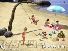 children playing in the sand on a beach with an adult and child swinging from a hammock