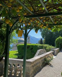 a stone bench under a pergolia covered arbor in a park setting with mountains in the background