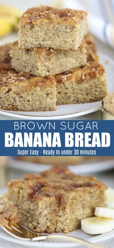 brown sugar banana bread is stacked on top of each other with sliced bananas in the background