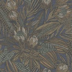 a blue and brown wallpaper with leaves on it