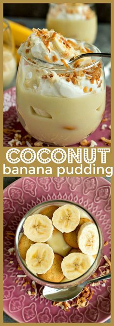 banana pudding in a glass bowl with whipped cream and sliced bananas on the side, topped with coconut nut