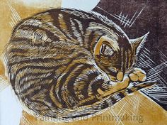 a drawing of a cat laying on top of a brown and white background with lines