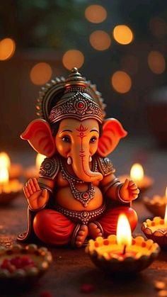 an elephant statue sitting in front of candles