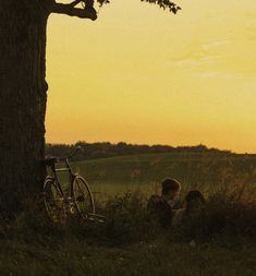 two children are sitting under a tree in the grass near a bike and a field