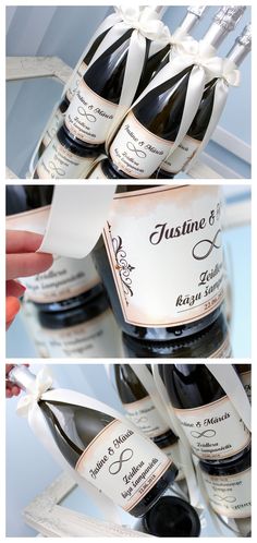 three different shots of wine bottles with labels on them and ribbons tied around the bottles