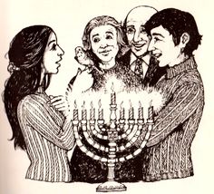 a drawing of three people around a menorah