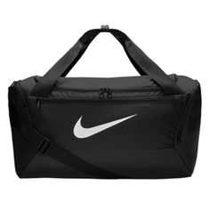 the nike duffel bag is black and has a white logo on the front side