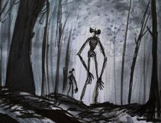 a drawing of a skeleton standing in the middle of a forest with two people walking through it