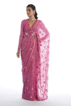 Shop for Vvani by Vani Vats Pink Georgette Mirror Embellished Saree With Blouse for Women Online at Aza Fashions Vani Vats, Embellished Saree, Dark Blush, Saree With Belt, Saree Wearing, Mirror Work Blouse, Full Sleeve Blouse, Saree Lehenga, Fancy Blouse