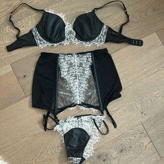 3 Piece Set Of New Lingerie Set. The Lace Is Delicate And Perfect Contrast With The Faux Leather Inserts. Set Includes Bra (34c), Panty (Medium), And Corset (Small). From The Very Sexy Collection. Can Be Worn As A Set Or Each Piece Individually. Bra Has Adjustable Straps, Back Closure, Lightly Lined. Panty Has Beautiful Lace In The Back. Corset Has Clips For Stockings, Hook Opening At Back, With A Very Attractive Peekaboo Area At Mid Back. This Set Is Very Classy, Sexy And Edgy! Lacey Bra, Crochet Halter Tops, Metal Lace, Fitted Skirt, Polo Dress, Leather Lace, Women Lace, Lace Bra, Tweed Jacket