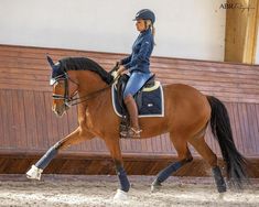 a woman riding on the back of a brown horse in an enclosed area with wooden walls