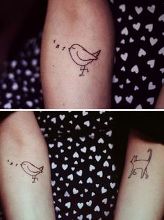 two tattoos on the legs of people with hearts and birds in them, one has a bird