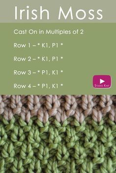 the irish moss crochet stitch pattern is shown in green and beige, with text that