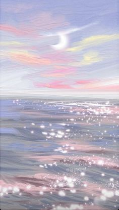 an abstract painting of the ocean with stars and moon in the sky over water at sunset