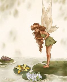 a fairy with long hair standing on top of lily pads next to a yellow flower