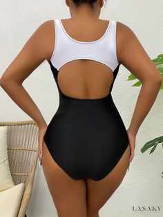 Lasaky - Modern Black and White Color Block Cut Out One-Piece Swimsuit for Women - Ideal for Water Sports, Surfing, and Beachwear - Stylish Scoop Neck Design with Stretchy Fabric - Versatile Swimwear and Apparel Choice Casual White One-piece Tankini, White Swimwear For Diving In Summer, White Diving Swimwear For Summer, Black Tankini For Summer Surfing, Sporty Black Tankini For The Beach, White Stretch Swimwear For Diving, White Lined Swimwear For Sports, Black Beachwear Tankini For Surfing, White Stretch Surfing Bodysuit