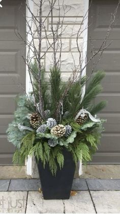 a potted plant with pine cones and evergreen branches in front of a garage door