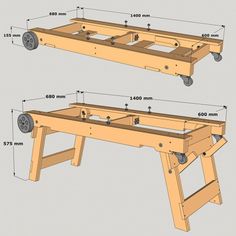 two plans for a table with wheels on each side and the measurements shown below it