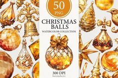 50 christmas balls watercolor collection in gold and red with bows, bells, ornaments