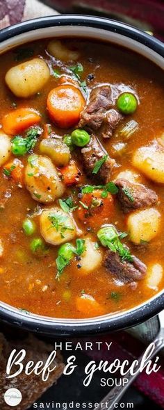 hearty beef and gnocchini soup in a bowl