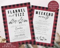 two red and black plaid wedding programs with pine trees