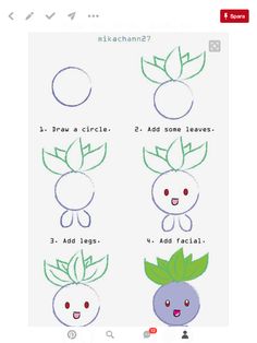 how to draw an oddish cartoon character with different facial expressions and colors for kids