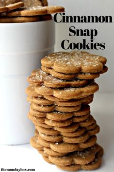 cinnamon snap cookies stacked on top of each other in front of a white cup with text overlay