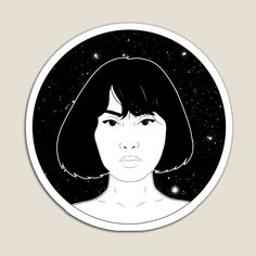 a black and white drawing of a woman's face with stars in the background