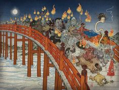 an image of a painting with people on a bridge and fire in the sky above