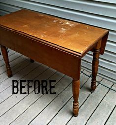 an old wooden table that has been turned into a bench with the words before on it