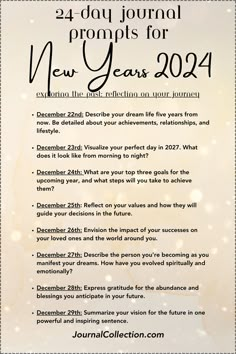 "Light pink background with champagne glasses in the background, showcasing the title: '24-day Journal Prompts for New Year's 2024.' 
"Light blue background with champagne glasses in the background, showcasing the title: '24-day Journal Prompts for New Year's 2024.
Light yellow background , showcasing the title: '24-day Journal Prompts for New Year's 2024. This is part one of three parts for JournalCollection.com
 This is three part carousel for JournalCollection.com. Manifestation For 2024, How To Manifest For The New Year, 2024 Manifestation Journal, New Year Journal Prompts 2024, New Year’s Eve Journal Prompts, Manifestation For New Year, New Year Manifestation Journal, Manifestation New Year, New Year Manifestation 2024