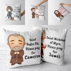 three pillows with pictures of saint nicholas and mary, please pray for james on them