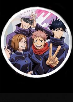 an image of anime characters with peace sign in front of the caption that says,