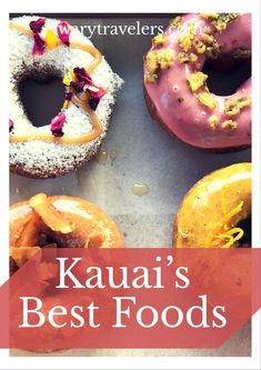 four donuts with sprinkles on them and the words kauai's best foods